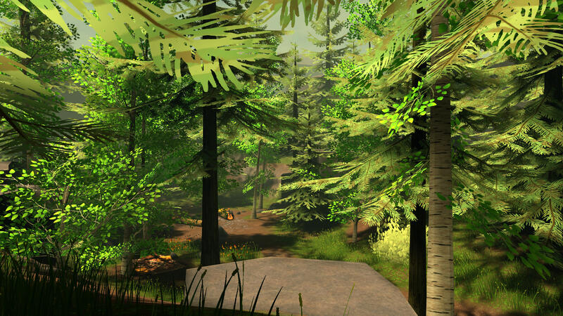 Someplace Better - A massive pine forest with a gentle walk through it to a campfire. This world is a tribute to and remake of Where We'll Go, seen further into this gallery.